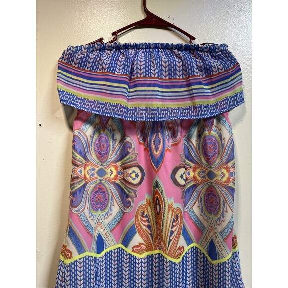 Red Camel Tube Top Knee Length Dress Size Medium Floral Ruffle Elastic - Picture 4 of 7